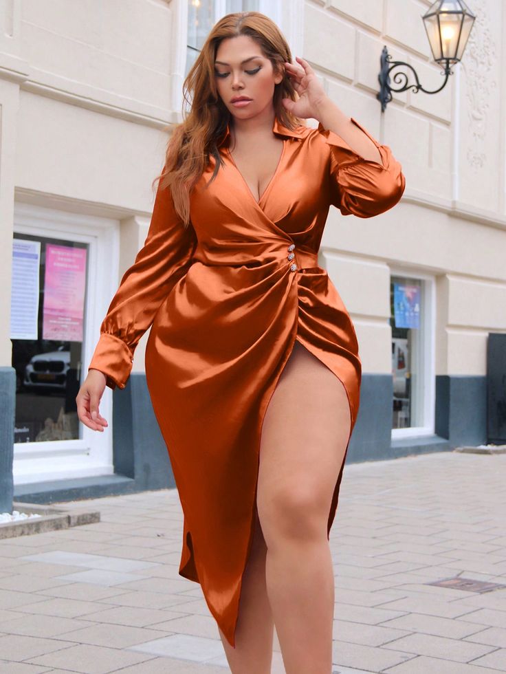 Rust Brown Elegant Collar Long Sleeve Woven Fabric Plain Shirt,Fitted Embellished Non-Stretch Fall Women Plus Clothing Elegant Dresses For Women, Party Wear Dresses, Curvy Outfits, Elegant Woman, Lookbook Outfits, Dress P, Plus Clothing, Party Wear, Plus Size Dresses