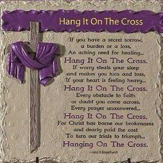 a cross with purple ribbon hanging from it's side and the words hang on the cross