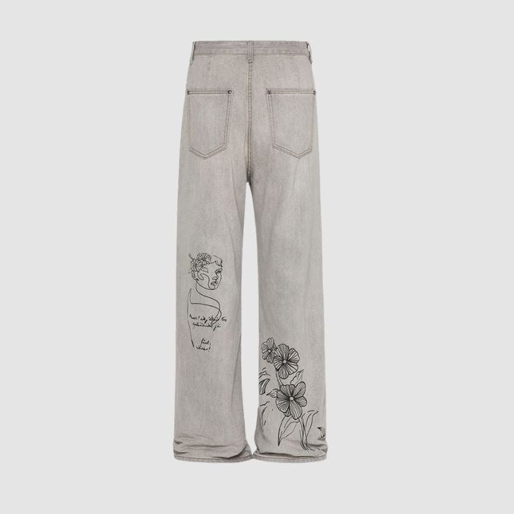 Material: 100% CottonFeatures: Pants, jeans, vintage, abstract painting print, artistic sense, solid color, denim fabric, washed design, slightly elastic, zipper front.Style: Casual, college, streetwear