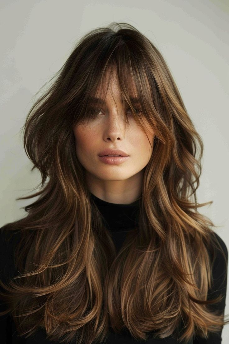 Shag Haircut Big Forehead, Long Hair Cuts 2024 Trends, Long Hair Long Bangs, Layered Hair With Bangs, Long Layered Haircuts, Long Hair With Bangs, Messy Hair, Long Layered Hair, Long Wavy Hair