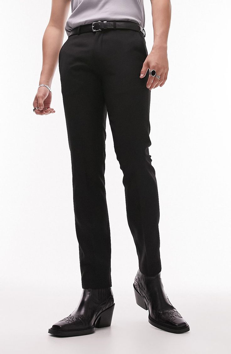 A lightly textured weave distinguishes neatly pressed trousers tailored in a skinny fit that looks smart whether casual or formal. 31" inseam; 14" leg opening; 10 1/2" front rise; 14" back rise (size 32) Zip fly with hook-and-bar closure 64% polyester, 34% viscose, 2% elastane Dry clean Imported Guys Outfits, Driving Shoes Men, Shoe Men, Textured Dress, Driving Shoes, Formal Style, Clothes Style, Metal Hardware, Dress Pants