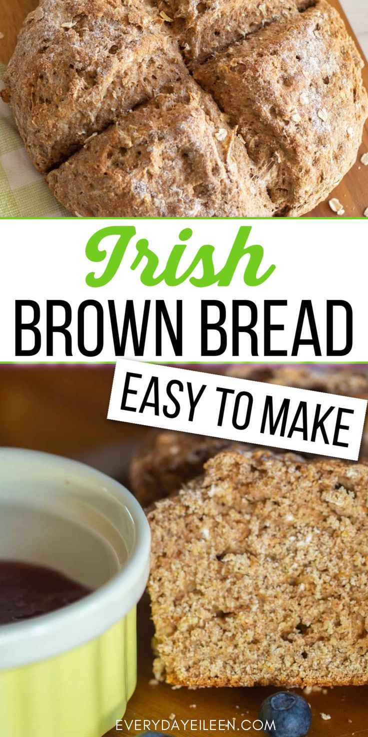 irish brown bread on a cutting board with blueberries in the background and text overlay reading irish brown bread easy to make