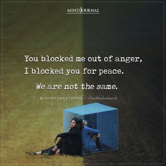 a person sitting on the ground in front of a blue box with text that reads you blocked me out of anger, i blocked you for peace we are not the same