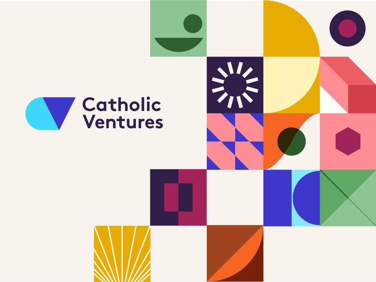 the cover of catholic venture's book, with colorful geometric shapes and lines on it