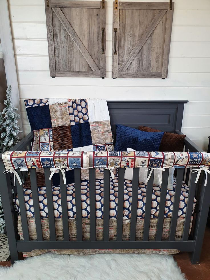 Ready Ship Boy Crib Bedding - Baseball Collection - DBC Baby Bedding Co Woodland Baby Bedding, Vintage Color Schemes, Boy Crib Bedding, Deer Theme, Boys Crib Bedding Sets, Crib Bedding Boy, Rail Guard, Boys Crib, Classic Americana