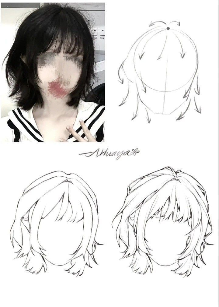 an anime character's hair is shown in three different angles, including the head and shoulders