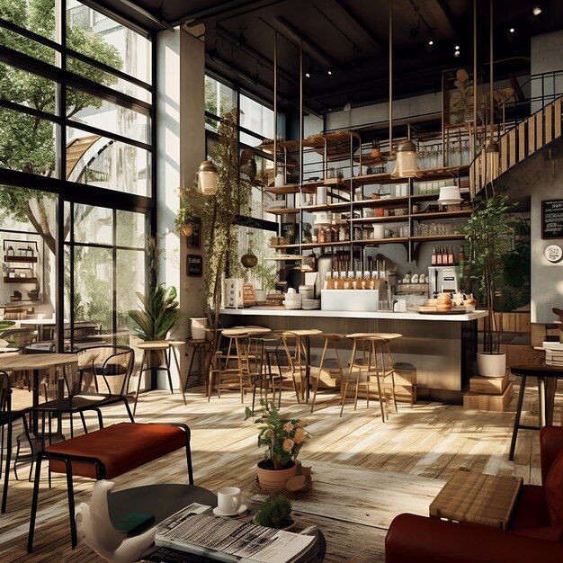 the interior of a restaurant with lots of tables and chairs in front of large windows