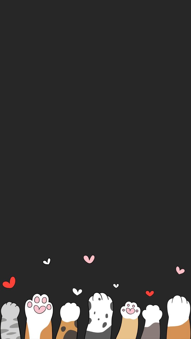 a group of cats standing next to each other in front of a black background with hearts