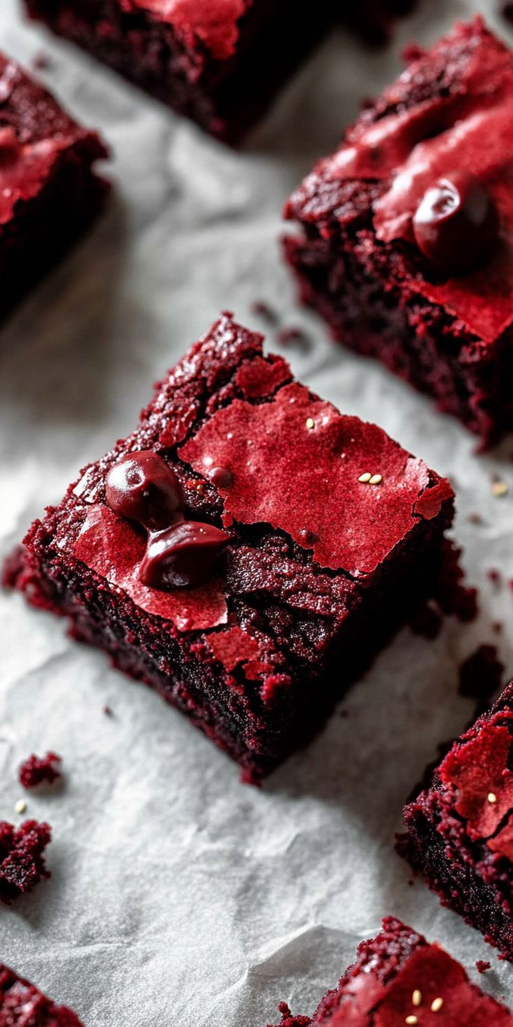 red velvet brownies with chocolate chips and sprinkles on white parchment paper