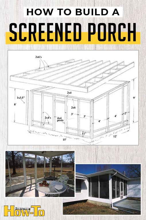 how to build a screened porch with pictures and instructions on the front, side and back