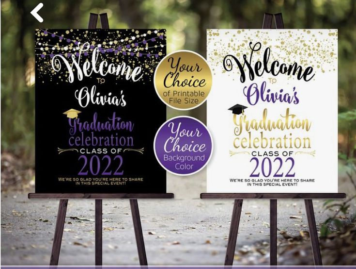 three signs with graduation decorations on them