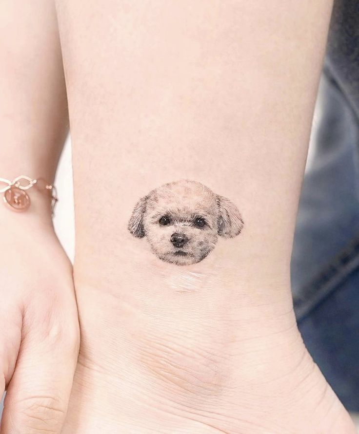 a small dog's face is shown on the side of a woman's ankle