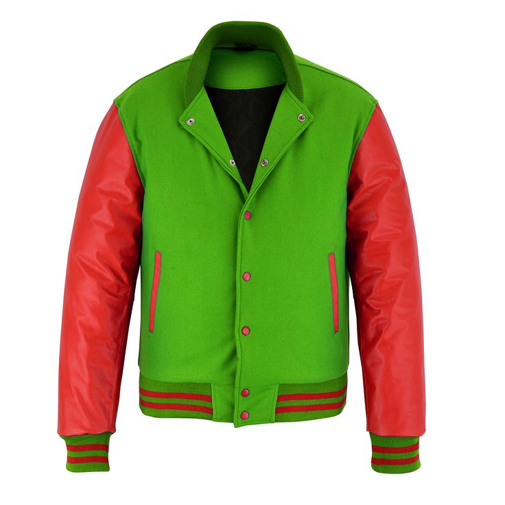 Varsity Letterman Baseball Parrot Wool and Red Genuine Leather Sleeves Jacket with Gold Trims If your required Size & Color Combination is not listed then please contact with us We will respond you as soon as possible the estimated time is 12 Hours, All Sizes & Color Combinations are Available. The quality of the varsity jacket is the finest in the field. 100% high quality Wool. A fine quilt lining with Wool trimmed inside pocket are all part of the complete package. Each varsity jacket design i Red Fitted Varsity Outerwear, Classic Red Varsity Jacket For College, Classic Red Varsity Jacket With Long Sleeves, Red Varsity Jacket For Winter, Classic Red Varsity Jacket For Winter, Classic Red Outerwear For College, Red Fitted Varsity Jacket For Winter, Red Fitted Varsity Jacket For College, Leather Sleeve Jacket