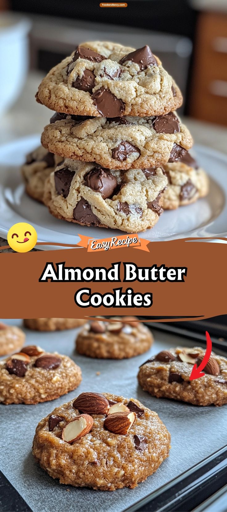 chocolate chip cookies stacked on top of each other in front of an oven with the words almond butter cookies