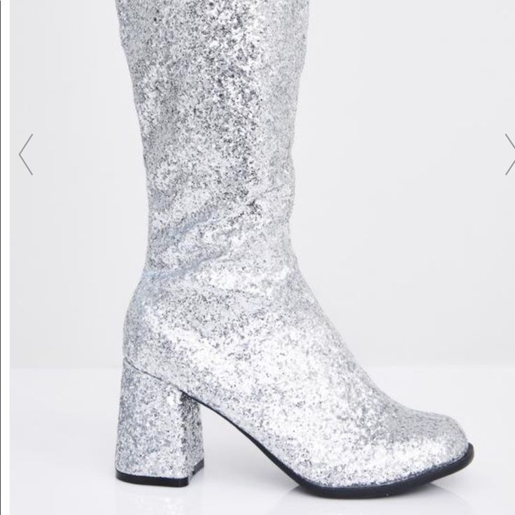 Nwt Starlight Go Go Baby Glitter Boots With 3 Inch Heel With Zippers Up The Side Sold Out Sold Out The Silver Glitter Will Make Any Outfit Shine Silver Sparkly Boots, Sparkly Gogo Boots, Silver Gogo Boots, Glamorous Metallic Boots With Glitter, Silver Glitter Heel Boots, Baby Glitter, Dolls Kill Shoes, Glitter Boots, 3 Inch Heels