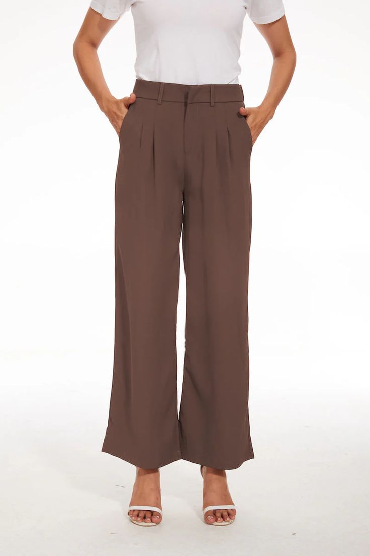 Pants Solid Wide-leg Bottoms With Pleated Waist, Wide Leg Bottoms With Pleated Waist, Brown Pleated Bottoms For Workwear, Relaxed Fit Wide Leg Ankle-length Pants For Office, Workwear High-waisted Wide Leg Pants In Solid Color, Solid Wide Leg Pants For Work, High-waisted Wide Leg Pants For Work In Solid Color, High-waisted Solid Color Wide Leg Workwear Pants, Chic Solid Wide Leg Pants For Business Casual