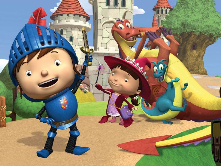 an animated scene with two children in front of a castle and dragon on the other side