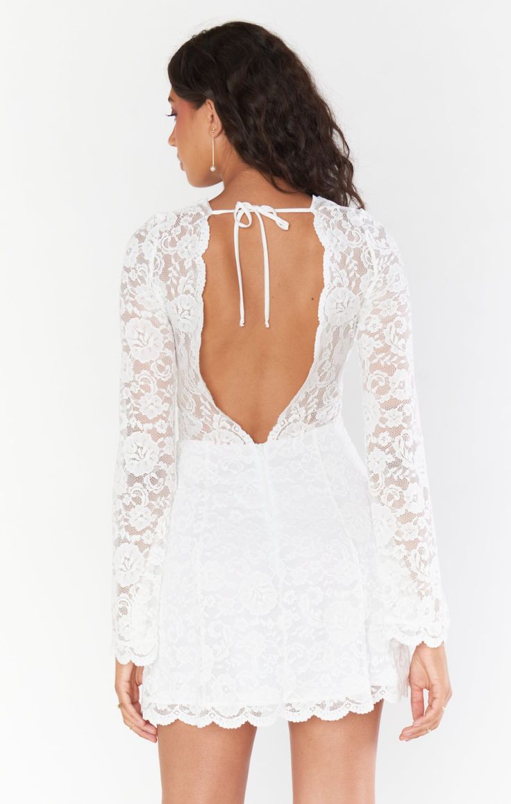 Natalie Mini Dress ~ White Forever Lace ��– Show Me Your Mumu Backless Lace Dress With Lace-up Back, Fitted Lace Dress With Lace-up Back, Lace Dress With Lace-up Back For Brunch, Fitted Brunch Lace Dress With Scalloped Lace, Fitted Lace Dress With Scalloped Lace For Brunch, Mini Lace Dress With Lace Back, Fitted Spring Lace Dress With Lace-up Back, Lace Mini Dress With Lace-up Back For Night Out, Mini Lace Dress With Lace-up Back