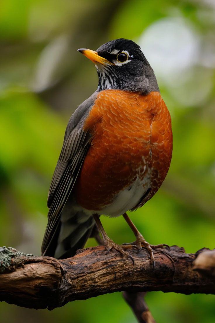 a bird sitting on top of a tree branch in front of green leaves and trees