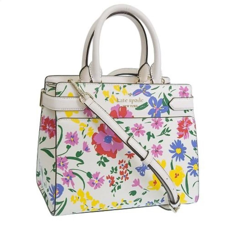 Nwt Kate Spade Garden Bouquet Medium Satchel Measurements 11.35" W X 8.2" H X 3.2" D Handle Drop: 9.0" Features Strap Drop: 22'' Metal Pinmount Logo Closure Type: Drop In Top Zip Closure Dust Bag Included: No Interior: Front Slip And Back Zip Pockets Exterior: Front & Back Slip Pockets Materials Saffiano Pvc Lining: Two Way Script Logo Lining Imported Style Number Kb719 Affordable Purses, Garden Bouquet, Logo Line, Script Logo, Drop In, Kate Spade Bags, Pink White, Zip Pockets, Kate Spade