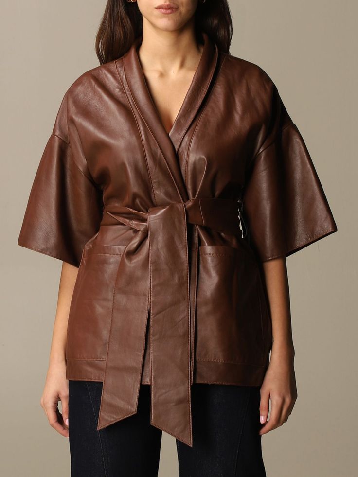 Robe Jacket  Vneckline  Leather Fabric  Short And Wide Sleeves  Belt Loops  Patch Pockets  Banded Belt To Tie Short Sleeve Leather Jacket, Leather Long Jacket, Fashion Capsule Wardrobe, Long Sleeve Outerwear, Cropped Leather Jacket, Wrap Jacket, Women's Robe, Fashion Capsule, Wool Blend Jacket