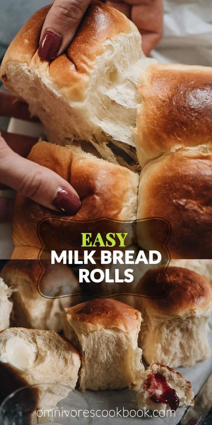 two images showing how to make homemade milk bread rolls with butter and jelly on top