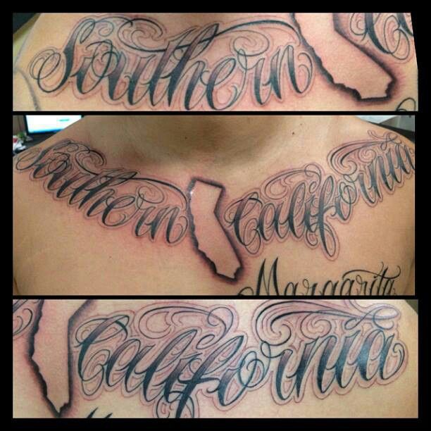 three different pictures of the same tattoo on someone's chest, one showing their name and