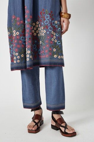 Blue kurta with floral embroidered motifs on hem, striped pattern and pleated bodice. Comes with pant. - Aza Fashions Traditional Floral Print Festive Bottoms, Traditional Spring Pants With Printed Motifs, Festive Blue Pants With Chikankari Embroidery, Festive Blue Pants With Floral Embroidery, Straight Pants With Resham Embroidery For Spring, Spring Straight Pants With Resham Embroidery, Traditional Floral Print Bottoms For Spring, Blue Cotton Bottoms With Embroidered Hem, Traditional Spring Floral Print Bottoms