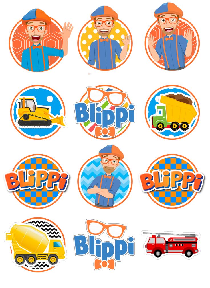 six stickers with different types of vehicles and people on them, all in various colors