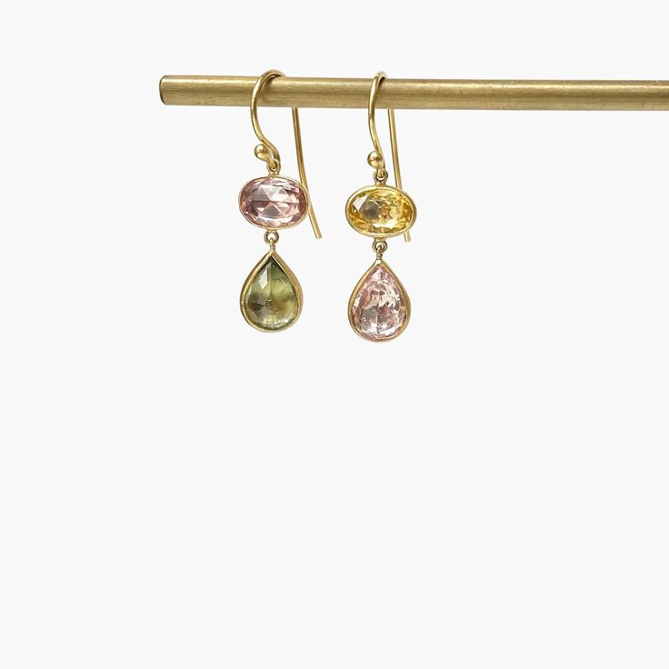 Mismatched Sapphire Earrings — DE VERA Elegant Yellow Gold Multi-stone Earrings, 14k Gold Multi-stone Drop Earrings, Elegant Multi-stone Long Drop Jewelry, Elegant Long Drop Multi-stone Jewelry, Elegant Multi-stone Drop Jewelry, Yellow Gold Multi-stone Drop Earrings, Yellow Gold Gemstone Linear Drop Earrings, Sapphire Earrings, Shop Earrings