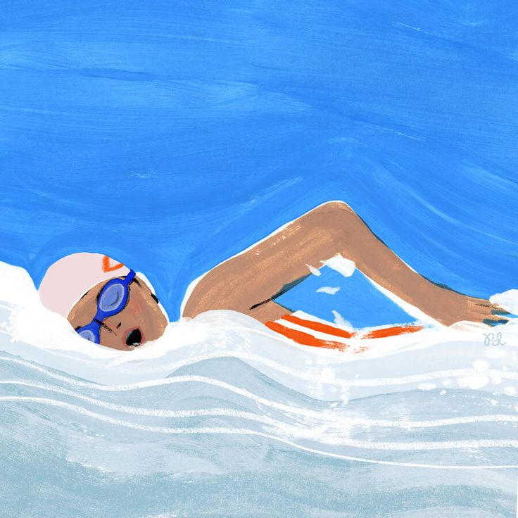 a painting of a woman swimming in the water with goggles on her head and sunbathing