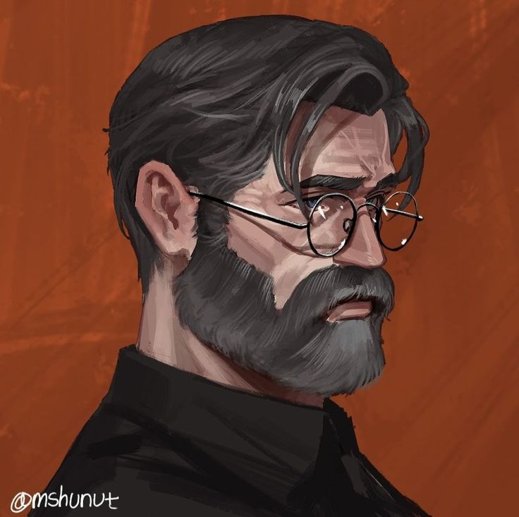 a drawing of a man with glasses and a beard in front of an orange background