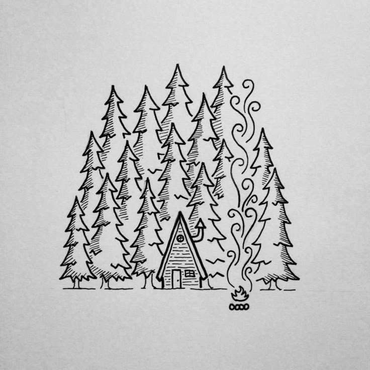 a drawing of a cabin in the woods with trees and fire coming out of it