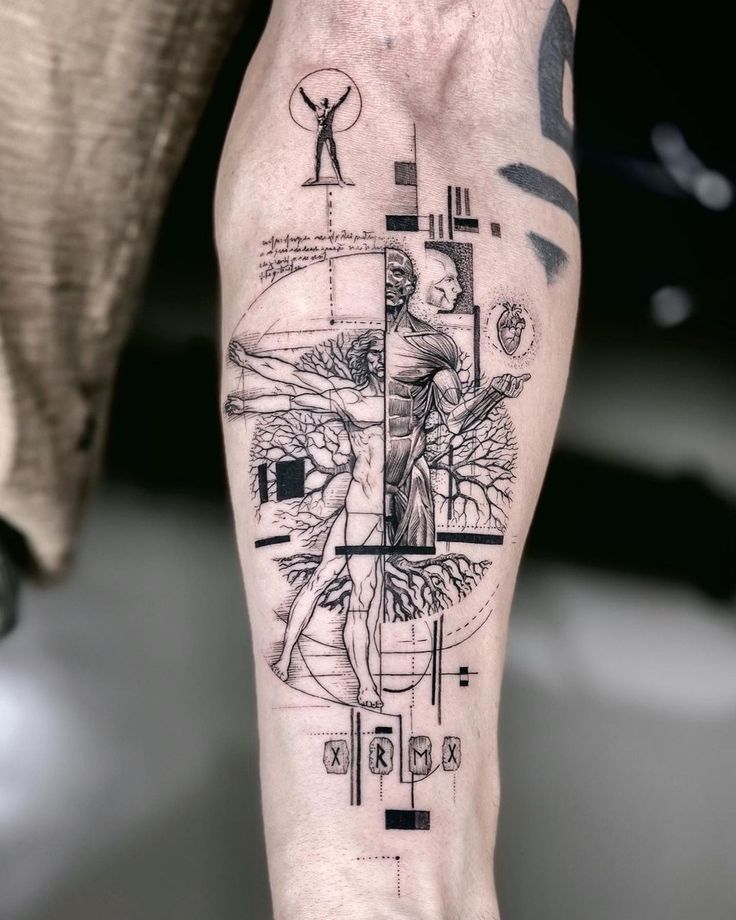 a man's leg with a tattoo on it that has an image of a person holding a cross