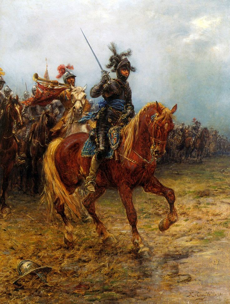 a painting of a man riding on the back of a brown horse next to other men