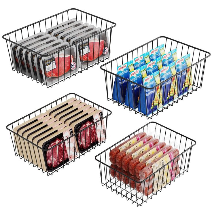 three wire baskets filled with drinks and juices