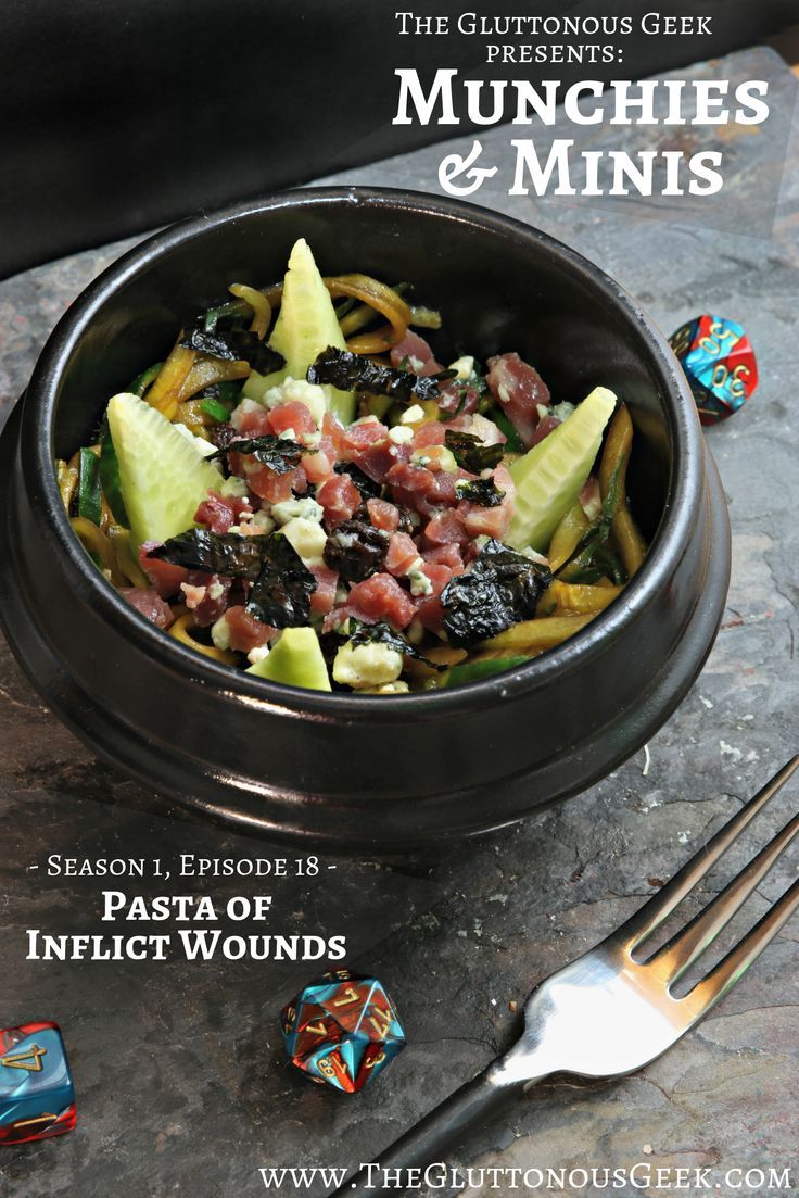 Pasta of Inflict Wounds inspired by Dungeons & Dragons. Recipe by The Gluttonous Geek. Library Speakeasy, Dnd Recipes, Fantasy Feast, Dragon Recipe, Cucumber Noodle Salad, Blueberry Waffles Recipe, Fiction Food, Dnd Food, Fictional Food