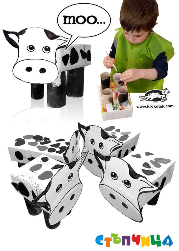 a child is making cow crafts with black and white paper, while another kid has speech bubbles above them