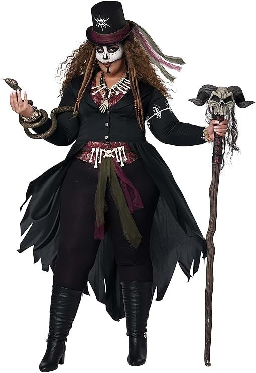 a woman dressed up as a skeleton with a hat and long hair holding a cane