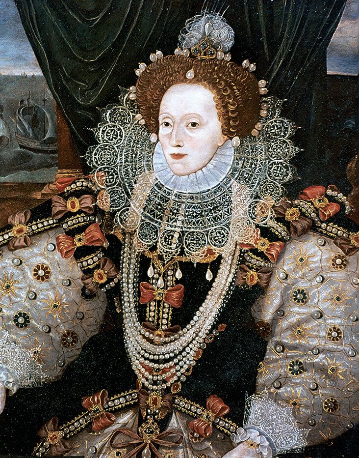 an old painting of a woman in black and gold dress with pearls on her head