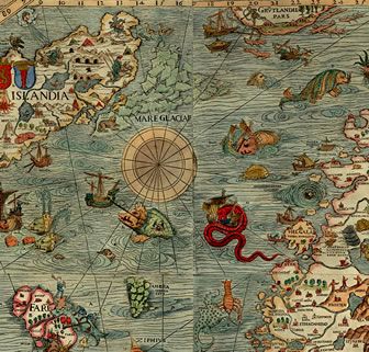 an old world map is shown with many different things on it, including ships and animals