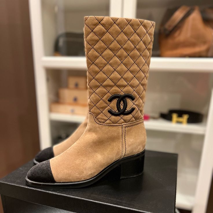 Nwt Chanel 50mm Cc Quilt High Boots Suede & Calfskin Boot Is Approximately 13 From Top To Bottom Of Heel. Heel: Approx 2” Ships With Original Box And 2 Dust Bags I Believe These Run A Bit Small (1/2 Size). Designer Beige Calf Leather Boots, Luxury Brown Winter Boots, Luxury Brown Boots For Winter, Designer Beige Winter Boots, Designer Beige Boots For Winter, Luxury Beige Winter Boots, Luxury Beige Calf Leather Boots, Designer Calf Leather Boots With Suede Lining, Luxury Calf Leather Cap Toe Boots