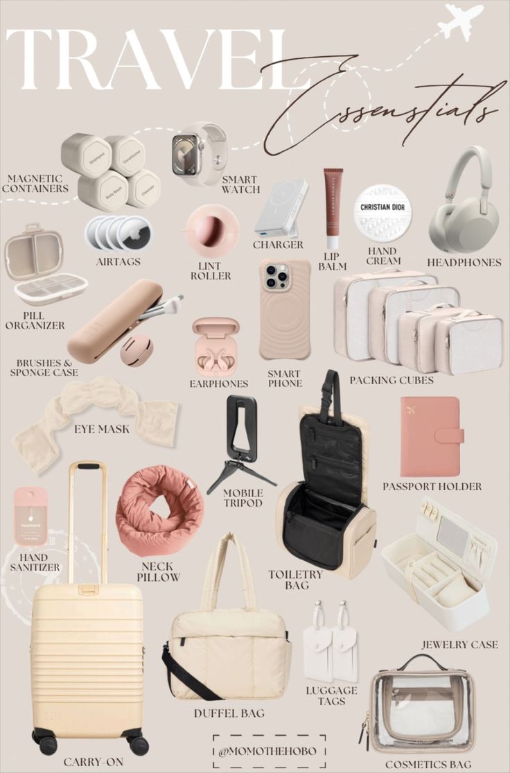 the travel essentials poster is shown in pink and white