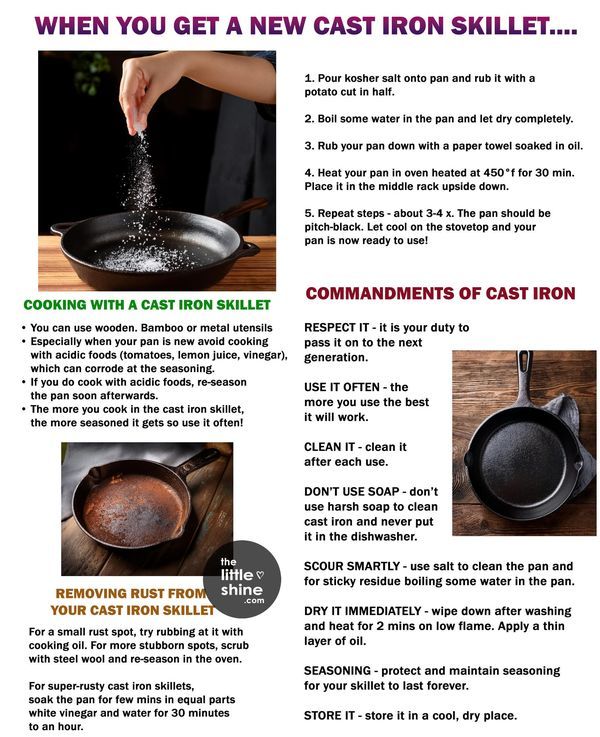 an advertisement for cast iron skillet with instructions on how to use it and what to use