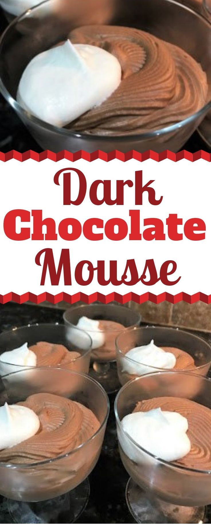 chocolate mousse with marshmallows in the middle and text overlay that reads dark chocolate mousse