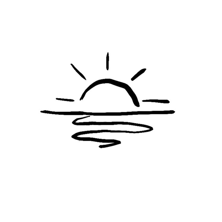 a black and white drawing of the sun over water