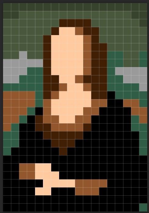 a pixellated image of a man with long hair and beard, in black shirt