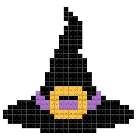 a black and yellow lego style witch hat with purple glasses on it's face