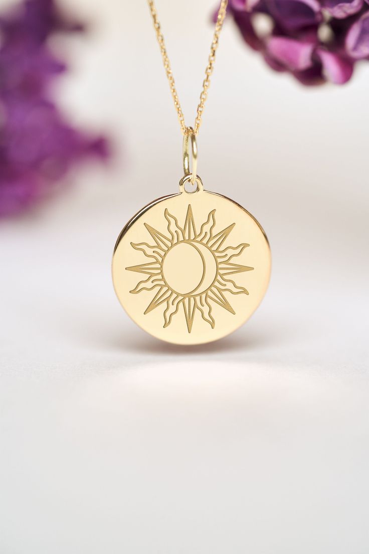 Our 14k Solid Gold Moon and Sun Necklace can be personalized with a custom engraving on the back of the pendant. It's a very nice gift for Birthdays, Anniversaries and Weddings. Moon represents calmness, beauty and nurturing while sun represents  life, energy and power. ● 14K SOLID GOLD ● FREE BACK SIDE PERSONALIZATION ● FREE PRIORITY SHIPPING ( 1-3 DAYS DELIVERY) ● Inner diameter of the jump ring is 4mm ● Pendant thickness is 0.5mm 🇺🇸 All items are HANDMADE IN USA 🇺🇸 All materials are sourc Yellow Gold Charm Necklaces With Sun And Moon Design, Celestial Engraved Round Pendant Charm Necklaces, Celestial Round Disc Jewelry Gift, Laser Engraved Symbolic Round Jewelry, Sun And Moon Design Charm Necklaces, Medallion Jewelry With Sun And Moon Design As Gift, Sun And Moon Design Charm Necklace Gift, Sun And Moon Design Medallion Necklace For Gift, Personalized Yellow Gold Moon Jewelry