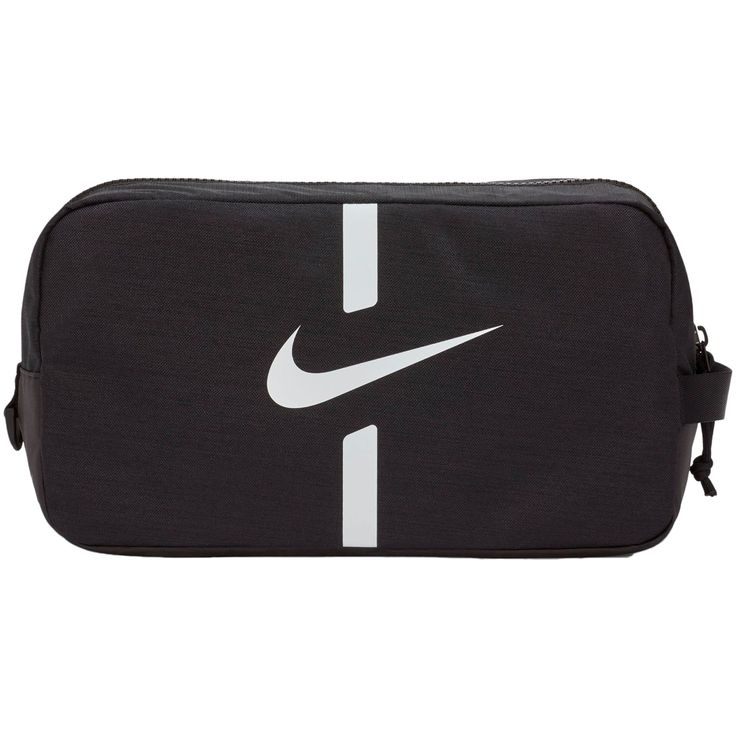 The Nike Academy Shoe Bag is specifically designed for your cleats and small essentials. It includes 2 zippered pockets and a haul loop so you can grab it and go. 2 zippered pockets for easy access to your cleats and essentials. Durable material stands up to everyday use. Haul loop at the side makes for convenient carrying. Product Details: 14" L X 6" W X 7" H. 100% polyester. Spot clean. Practical Black Bag For Sports Events, Black Sporty Gym Bag For Sports Events, Black Sporty Gym Bag For Sports, White Sports Bags With Zipper Pocket, Casual Black Gym Bag For Sports Events, Sports Gym Bag With Zipper Closure, Nike Black Functional Gym Bag, Nike Sporty Black Gym Bag, Functional Black Nike Gym Bag